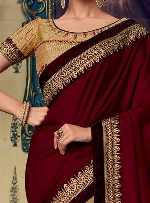 Maroon embroidered silk saree with blouse 3