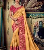Yellow embroidered silk saree with blouse