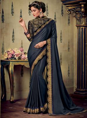 Navy blue embroidered silk saree with blouse 1