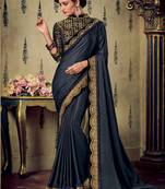 Navy blue embroidered silk saree with blouse