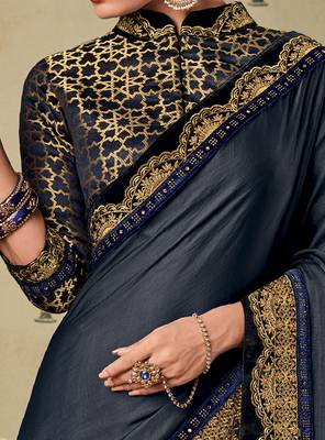 Navy blue embroidered silk saree with blouse 3