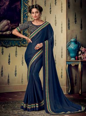 Navy blue embroidered silk saree with blouse 1