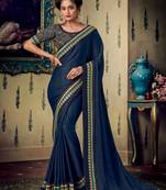 Navy blue embroidered silk saree with blouse