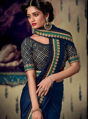 Navy blue embroidered silk saree with blouse 2