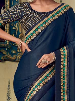 Navy blue embroidered silk saree with blouse 3