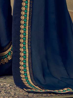 Navy blue embroidered silk saree with blouse 4