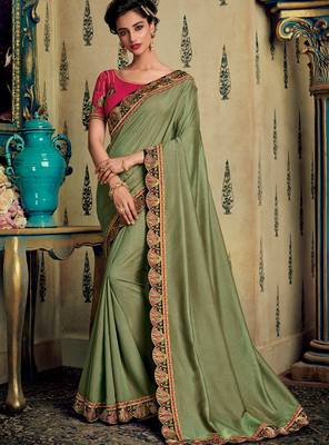 Green embroidered silk saree with blouse 1