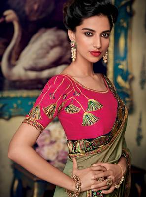 Green embroidered silk saree with blouse 2