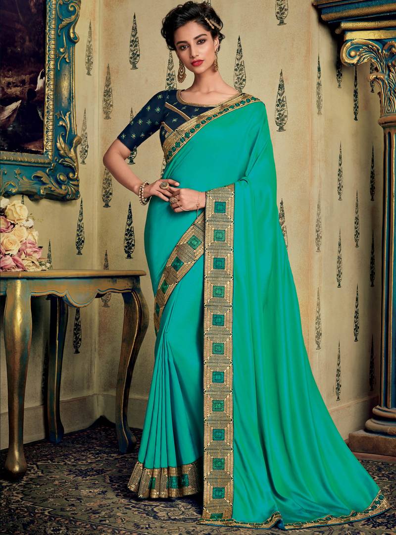 Blue embroidered silk saree with blouse