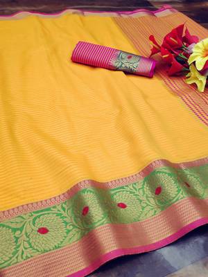 Yellow woven cotton silk saree with blouse 1