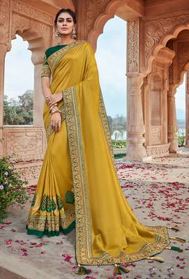 Lime embroidered satin saree with blouse 1