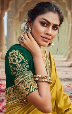 Lime embroidered satin saree with blouse 2