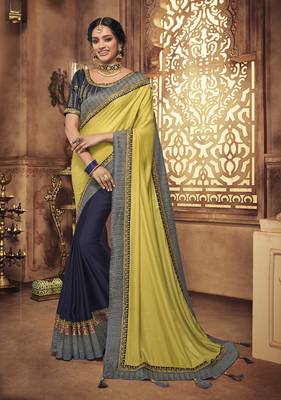 Lime embroidered satin saree with blouse 1