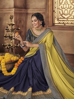 Lime embroidered satin saree with blouse 2