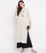 Women'S Printed/Solid Straight Slub Cotton Off White Kurti