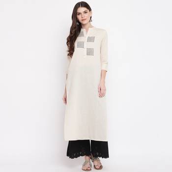 Women'S Printed/Solid Straight Slub Cotton Off White Kurti 2