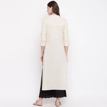 Women'S Printed/Solid Straight Slub Cotton Off White Kurti 3