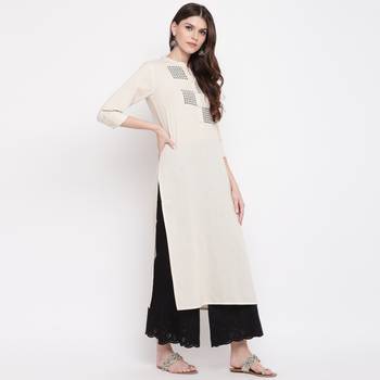 Women'S Printed/Solid Straight Slub Cotton Off White Kurti 4