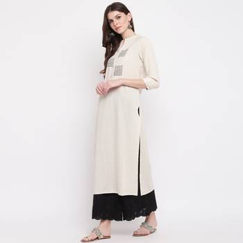 Women'S Printed/Solid Straight Slub Cotton Off White Kurti 5