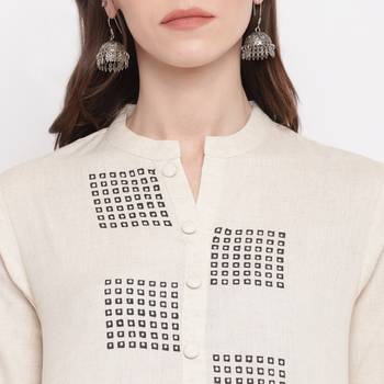 Women'S Printed/Solid Straight Slub Cotton Off White Kurti 6