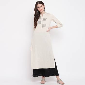 Women'S Printed/Solid Straight Slub Cotton Off White Kurti 7