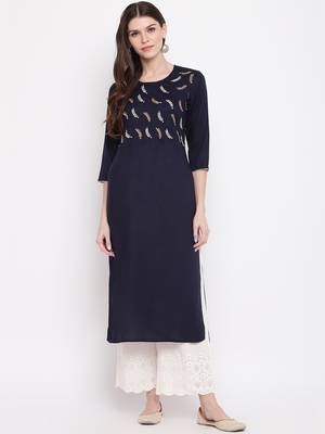 Women'S Embroidered,Gota Patti Work Straight Rayon Blue Kurti 1