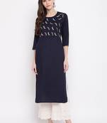 Women'S Embroidered,Gota Patti Work Straight Rayon Blue Kurti