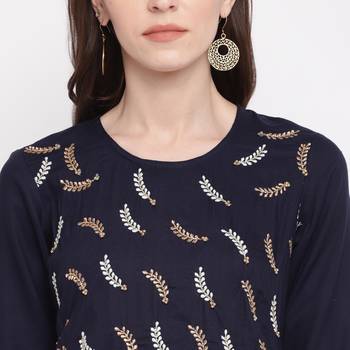 Women'S Embroidered,Gota Patti Work Straight Rayon Blue Kurti 6