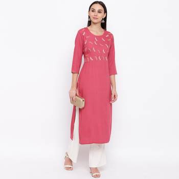 Women'S Embroidered,Gota Patti Work Straight Rayon Pink Kurti 1