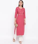 Women'S Embroidered,Gota Patti Work Straight Rayon Pink Kurti
