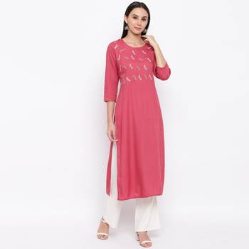 Women'S Embroidered,Gota Patti Work Straight Rayon Pink Kurti 2