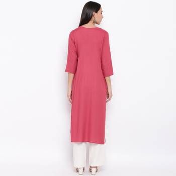 Women'S Embroidered,Gota Patti Work Straight Rayon Pink Kurti 3