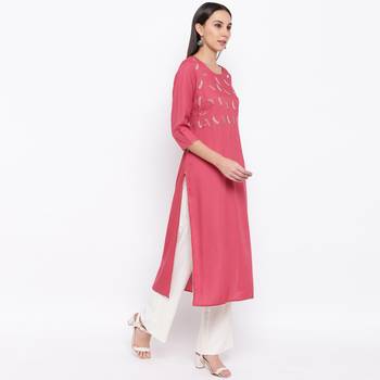 Women'S Embroidered,Gota Patti Work Straight Rayon Pink Kurti 4