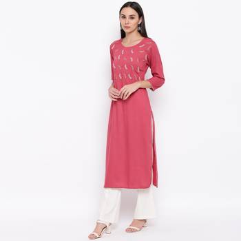 Women'S Embroidered,Gota Patti Work Straight Rayon Pink Kurti 5