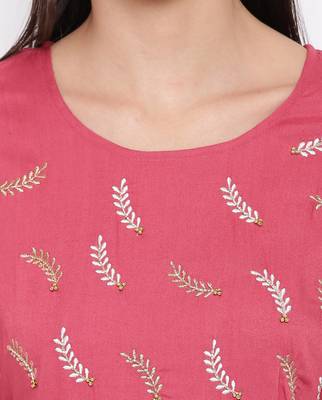 Women'S Embroidered,Gota Patti Work Straight Rayon Pink Kurti 6