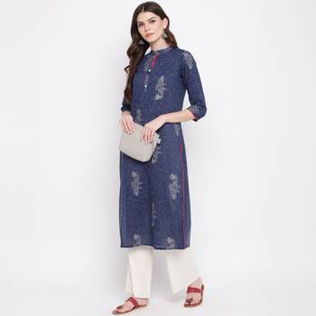Women'S Foil Print Straight Cotton Blue Kurti 1