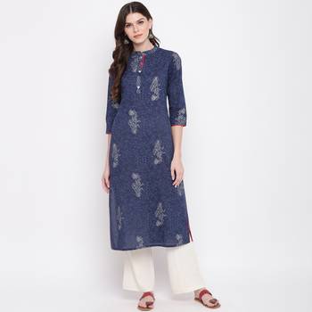 Women'S Foil Print Straight Cotton Blue Kurti 2