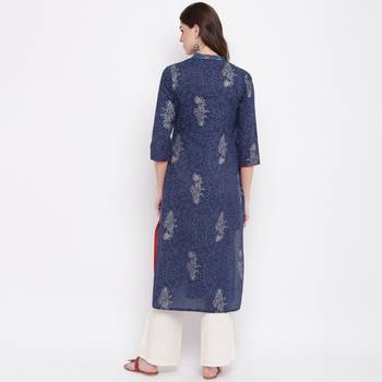 Women'S Foil Print Straight Cotton Blue Kurti 3