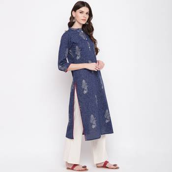 Women'S Foil Print Straight Cotton Blue Kurti 4