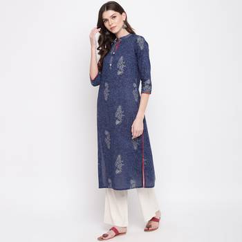 Women'S Foil Print Straight Cotton Blue Kurti 5