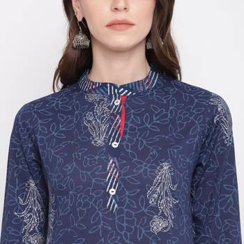 Women'S Foil Print Straight Cotton Blue Kurti 6