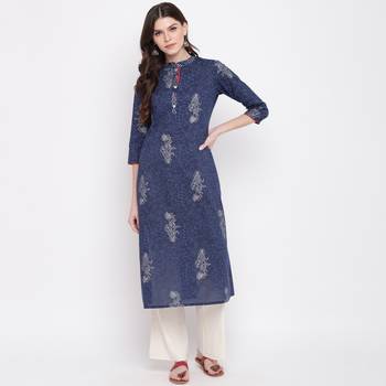 Women'S Foil Print Straight Cotton Blue Kurti 7