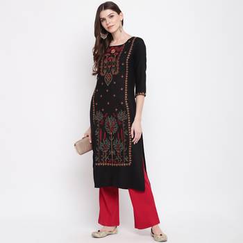 Women'S Mashion Embroidered Straight Rayon Black Kurti 1
