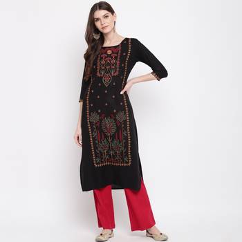 Women'S Mashion Embroidered Straight Rayon Black Kurti 2