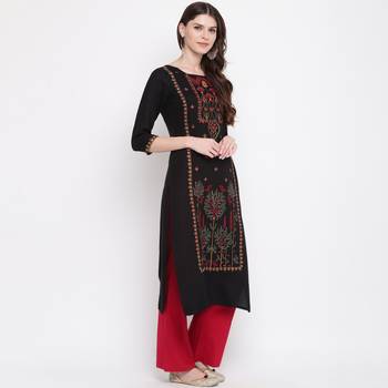 Women'S Mashion Embroidered Straight Rayon Black Kurti 4