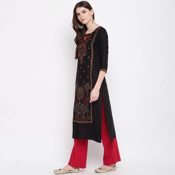 Women'S Mashion Embroidered Straight Rayon Black Kurti 5