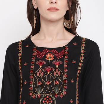 Women'S Mashion Embroidered Straight Rayon Black Kurti 6