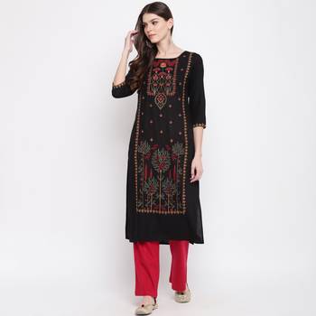 Women'S Mashion Embroidered Straight Rayon Black Kurti 7