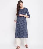 Women'S Foil Print & Hand Work Straight Cotton Blue Kurti