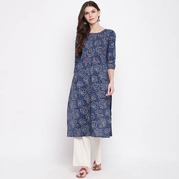 Women'S Foil Print & Hand Work Straight Cotton Blue Kurti 2